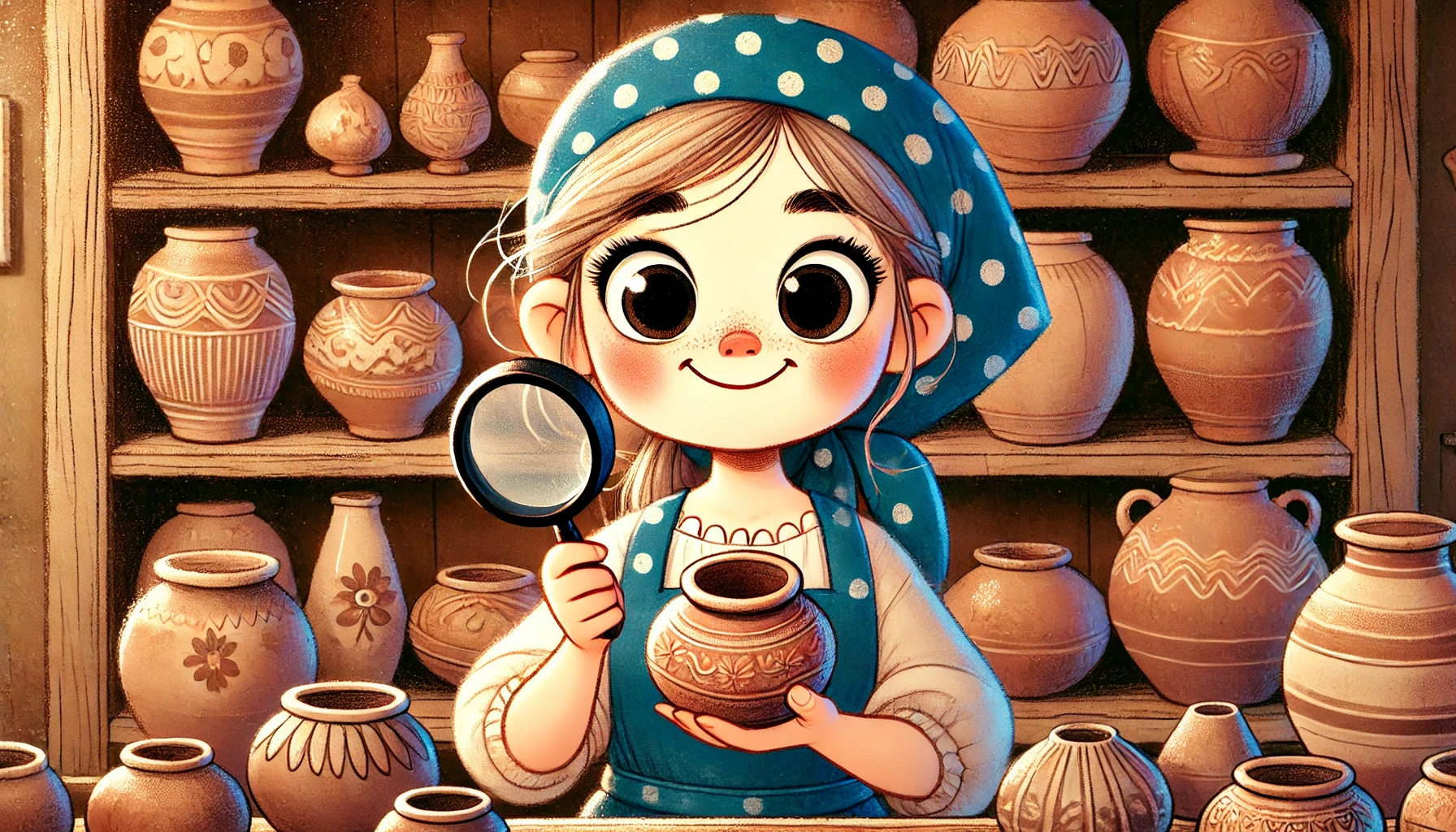 Le dessin d'une petite bonne femme souriante dans un atelier de poterie, une loupe à la main pour expertise